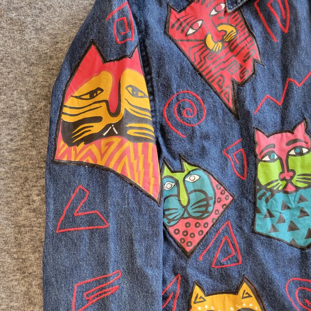VTG Cat Patch Denim Jacket M Funky 90s Upcycled Custom Handmade Layer - Picture 3 of 10